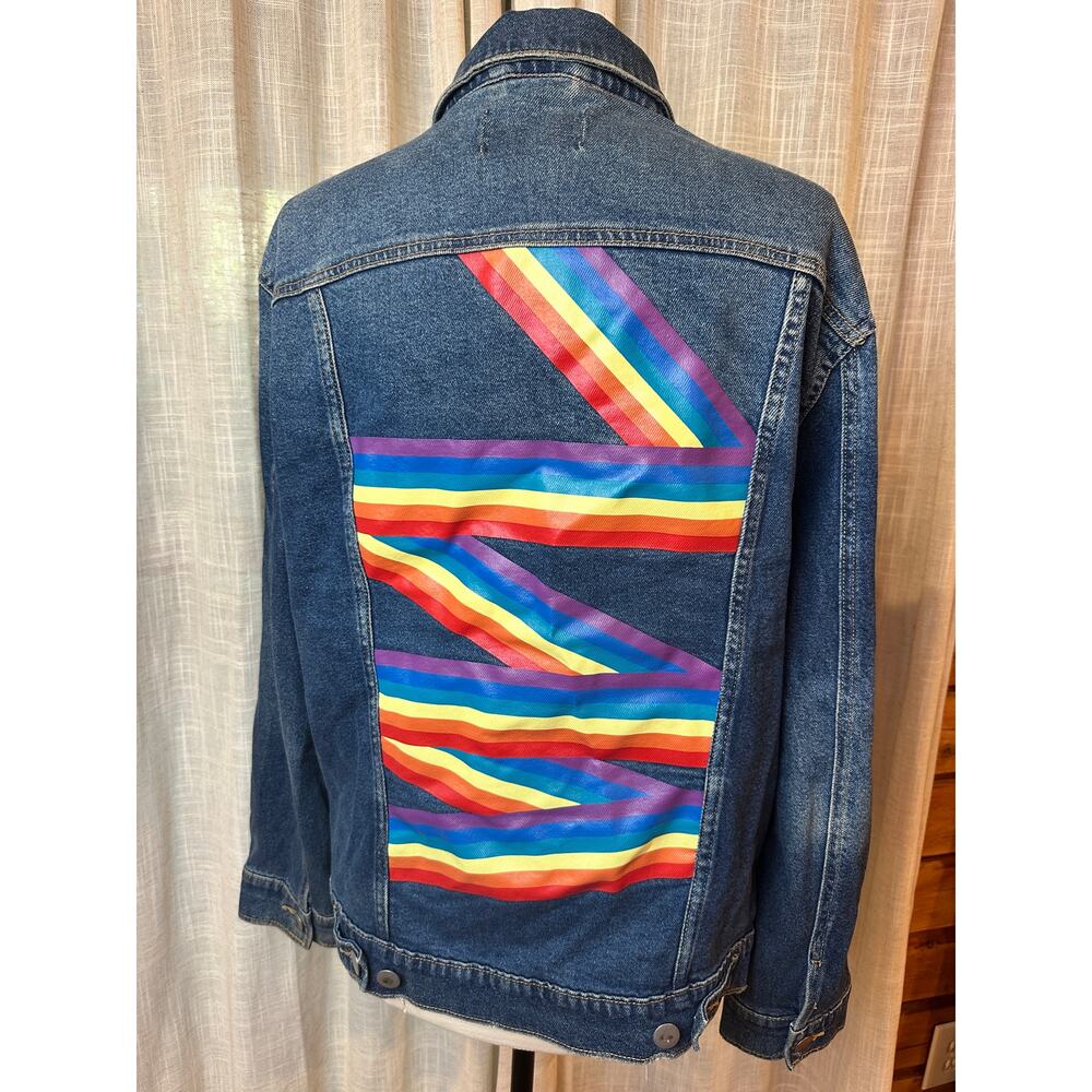 Rainbow Denim Jacket XL Blue Jean Trucker LOVE Patch